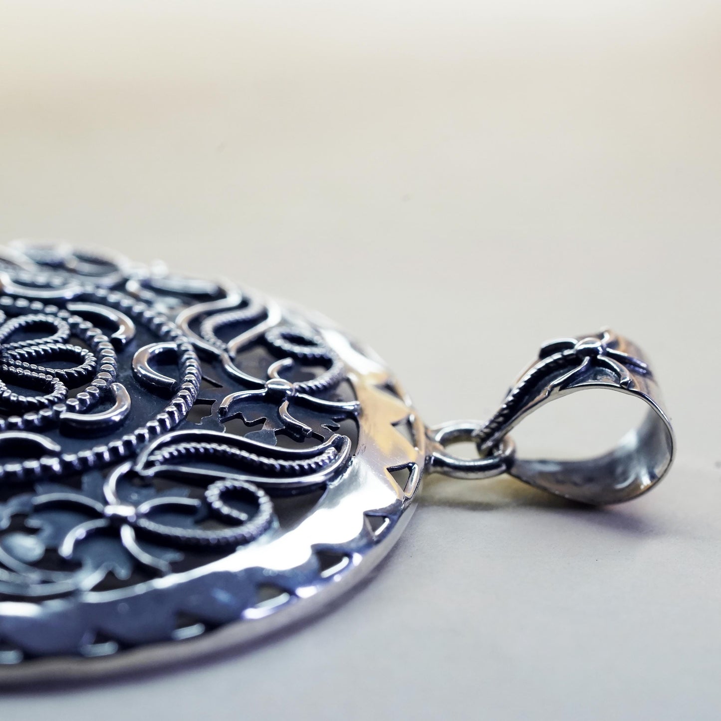 vintage sterling silver handmade huge pendant, 925 filigree floral circle