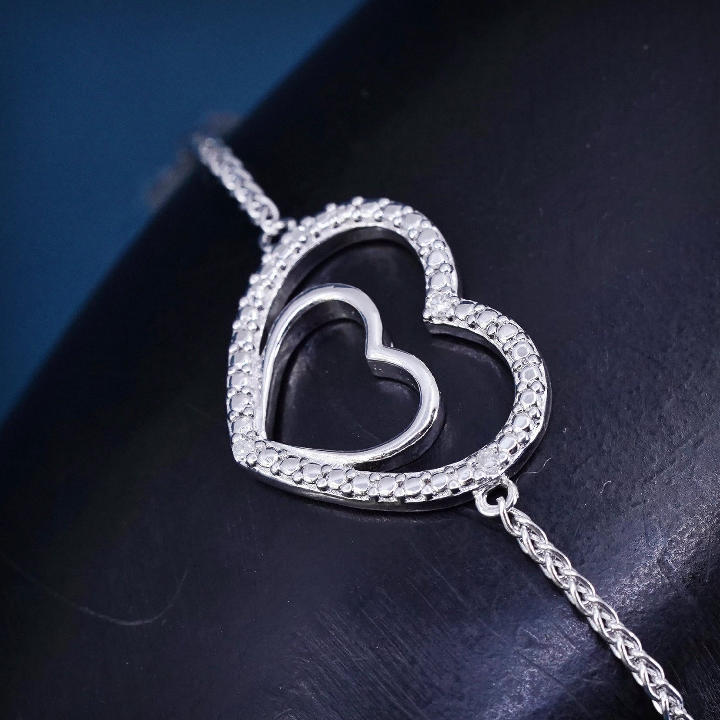 Size adjustable, Sterling 925 silver circle chain bracelet diamond heart charm
