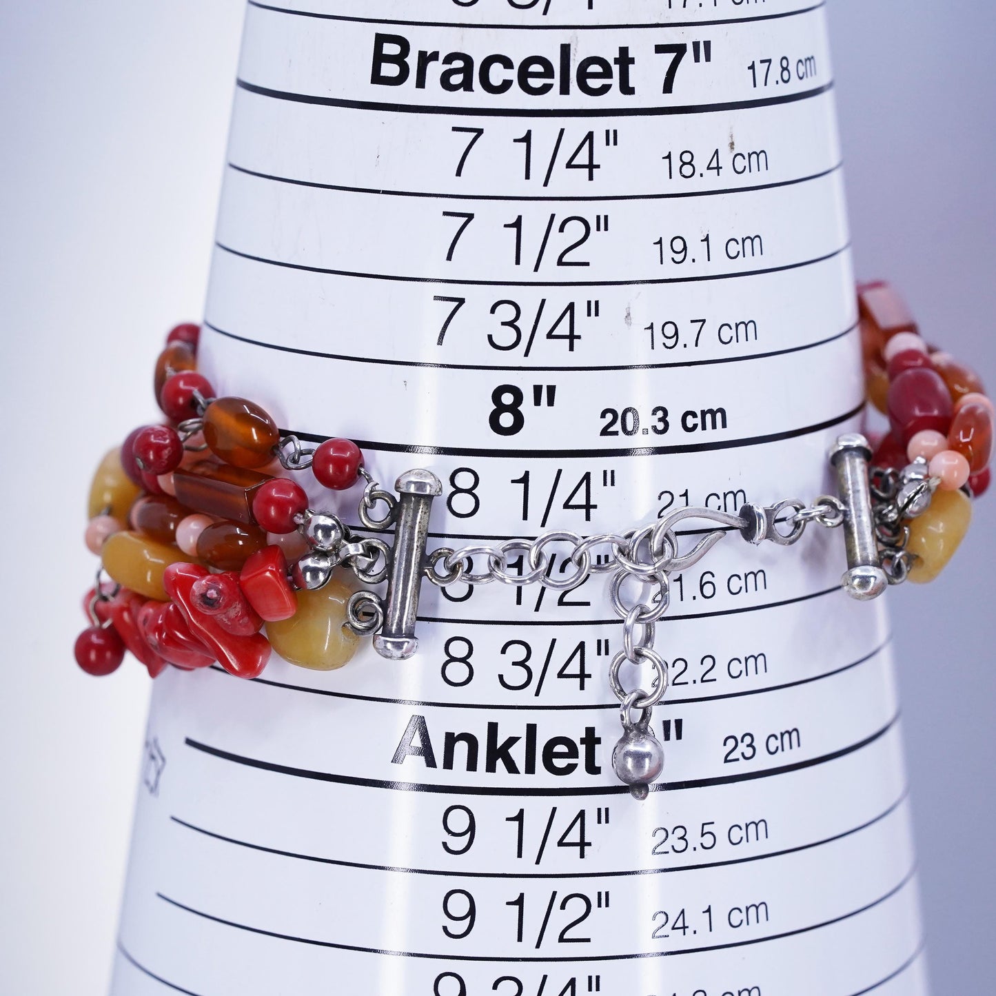 8+1”, Sterling 925 silver multi strands beaded bracelet agate coral carnelian