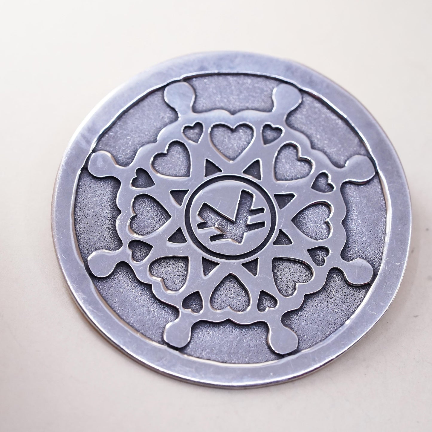 Vintage 925 Sterling Silver Large Round Brooch, Nordic Heart Mandala pendant