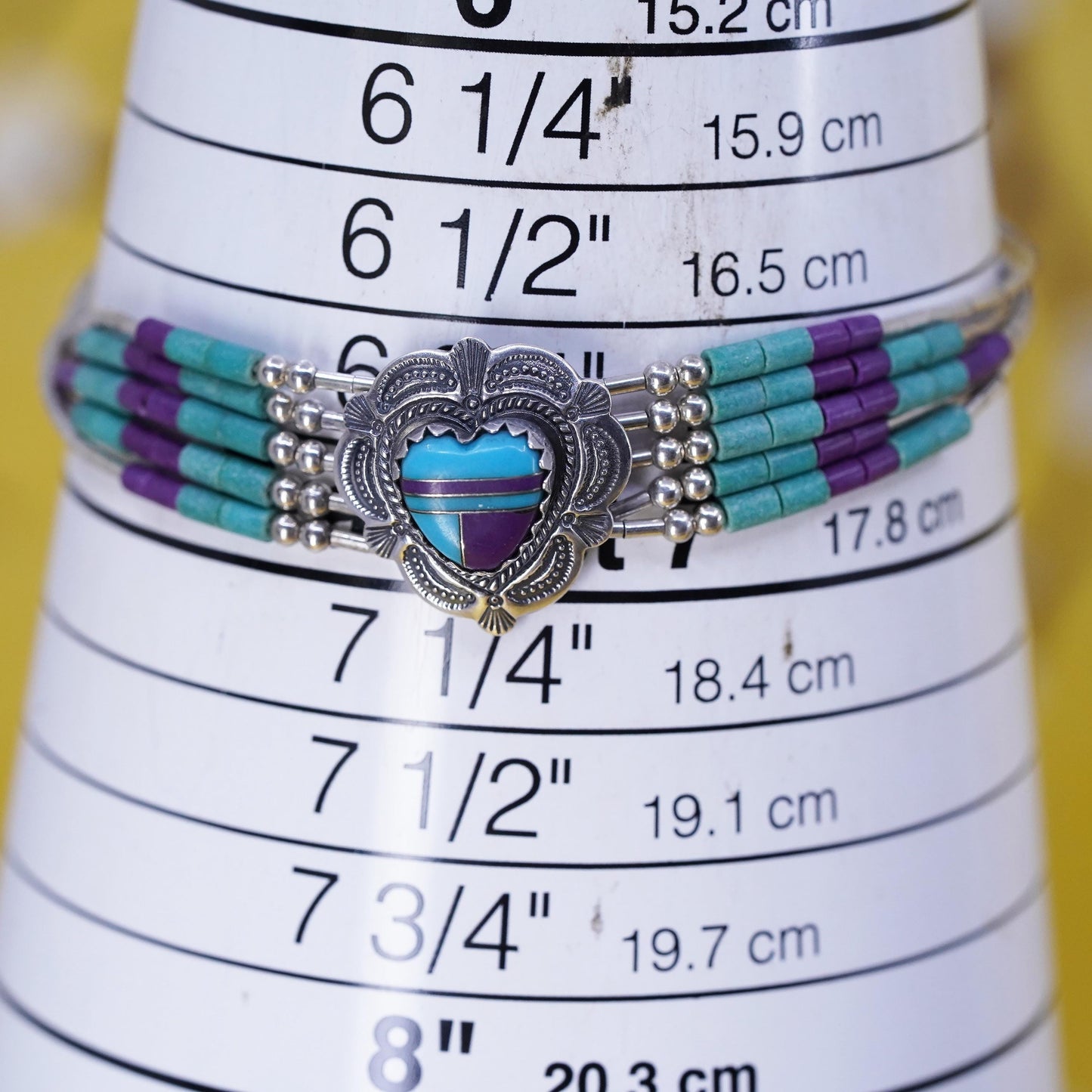 6.75”, 925 bracelet, 5 multi strands liquid Silver chain with turquoise heart