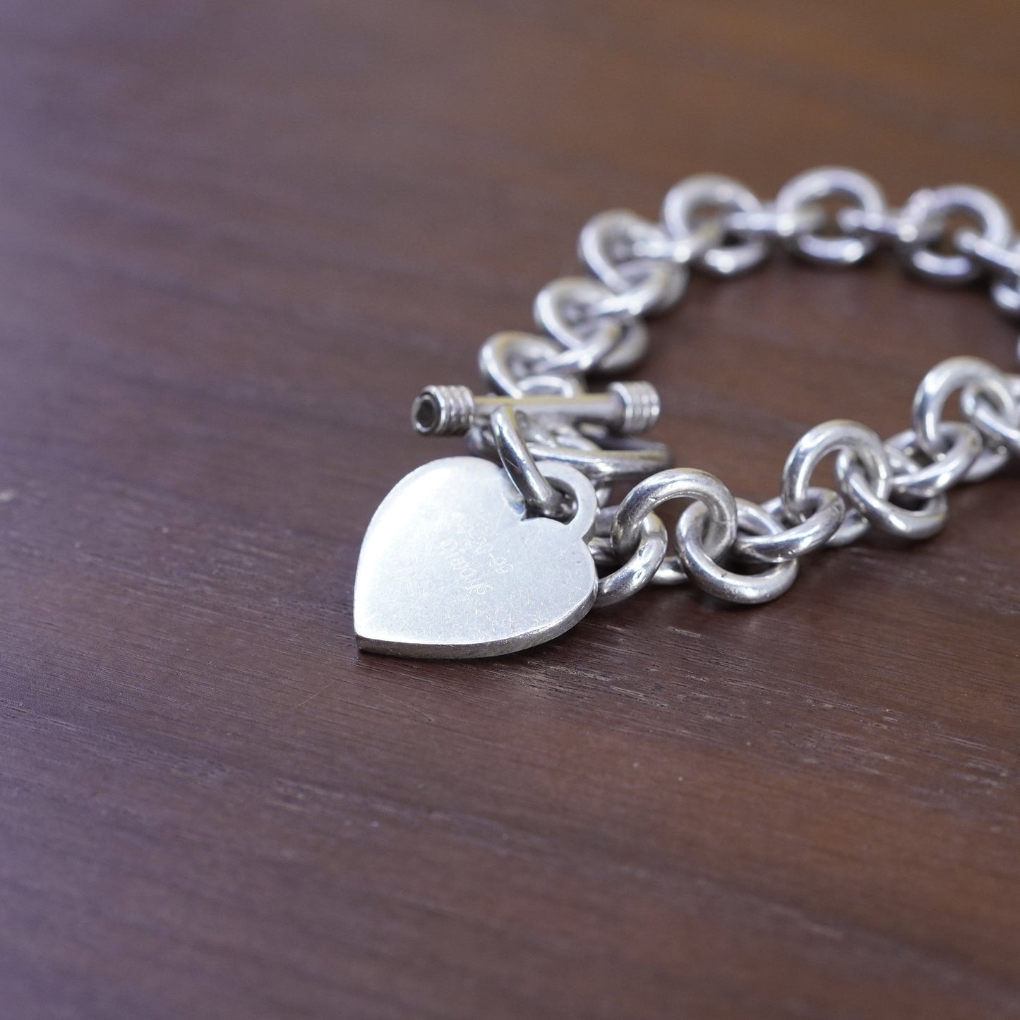 6.75", Sterling silver charm bracelet, 925 bold circle chain w/ heart tag charm