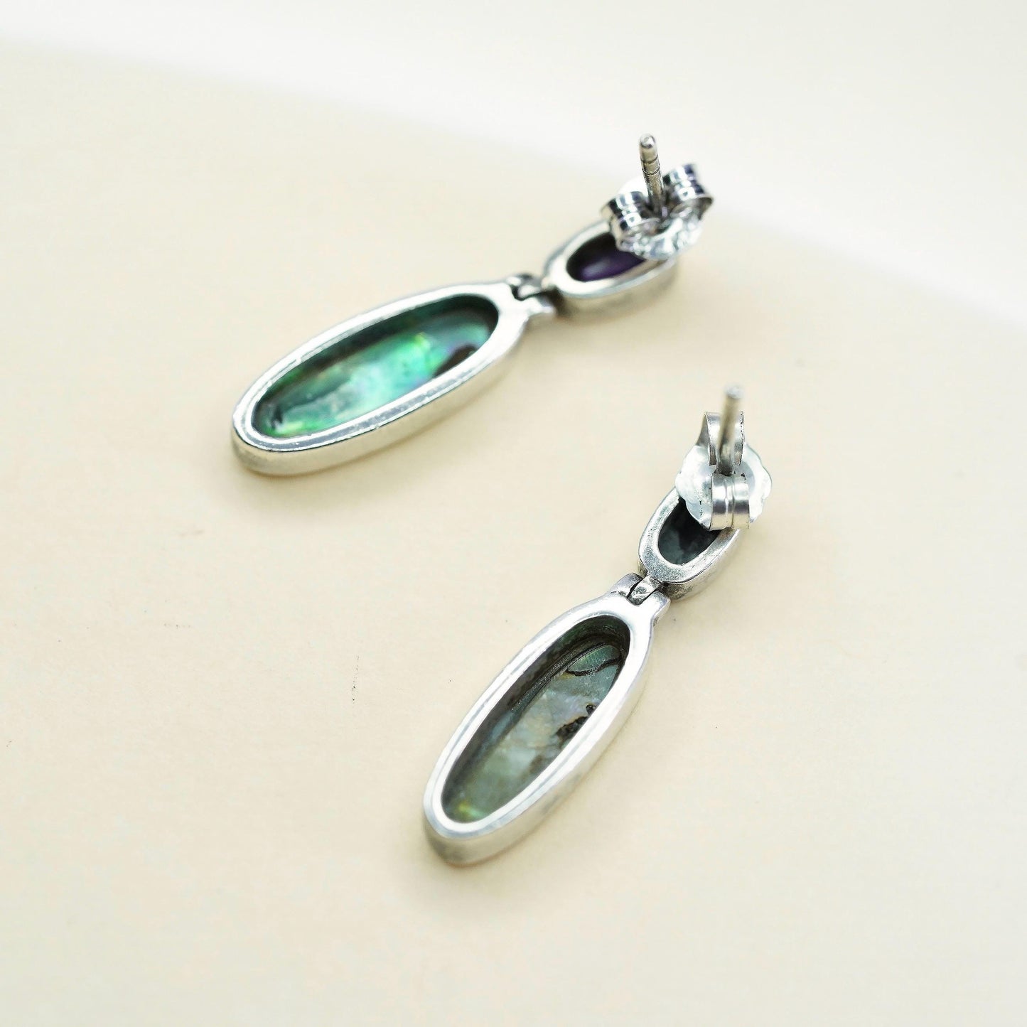 Vintage sterling 925 silver handmade oval earrings with abalone inlay