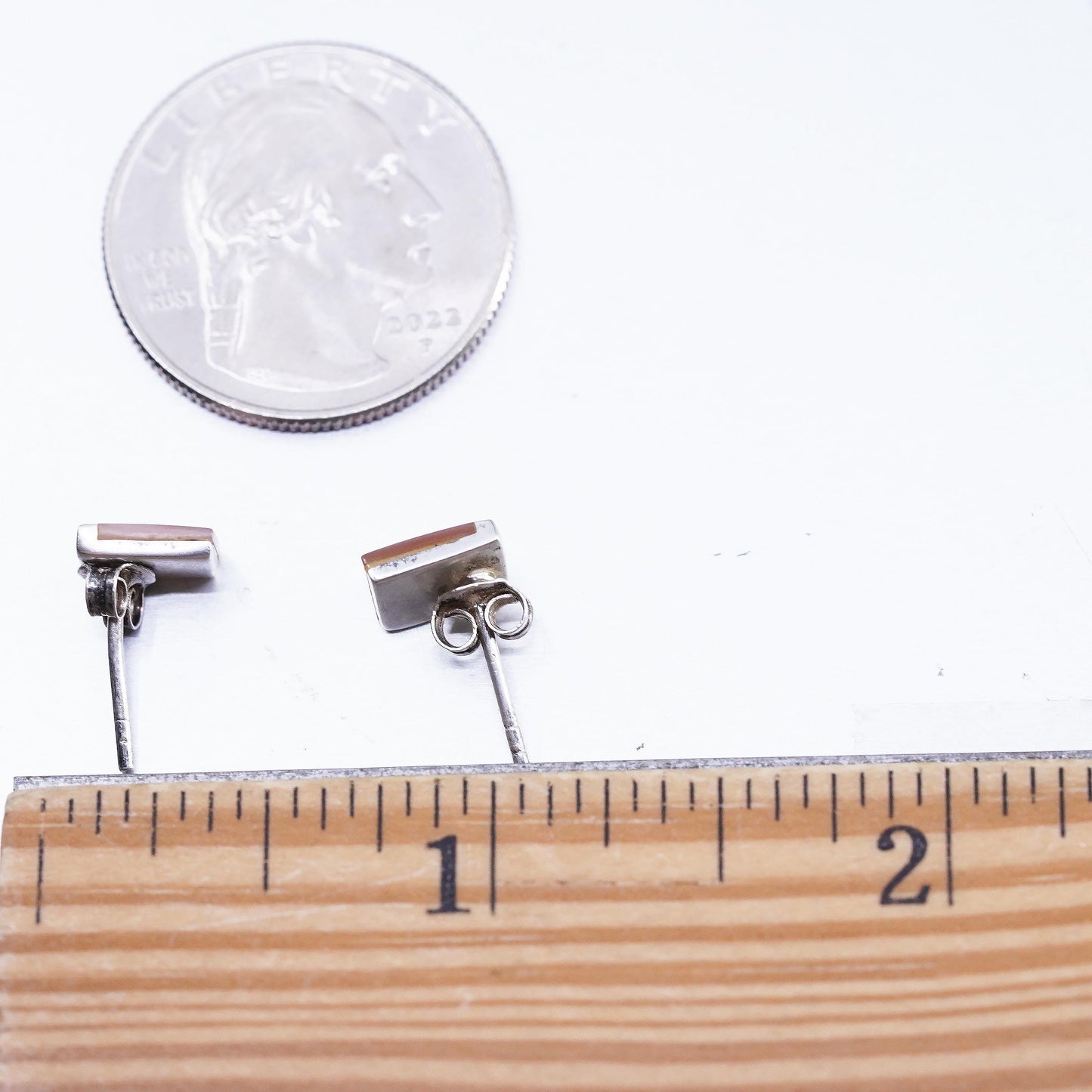 Vintage Sterling 925 silver handmade earrings rectangular studs mother of pearl