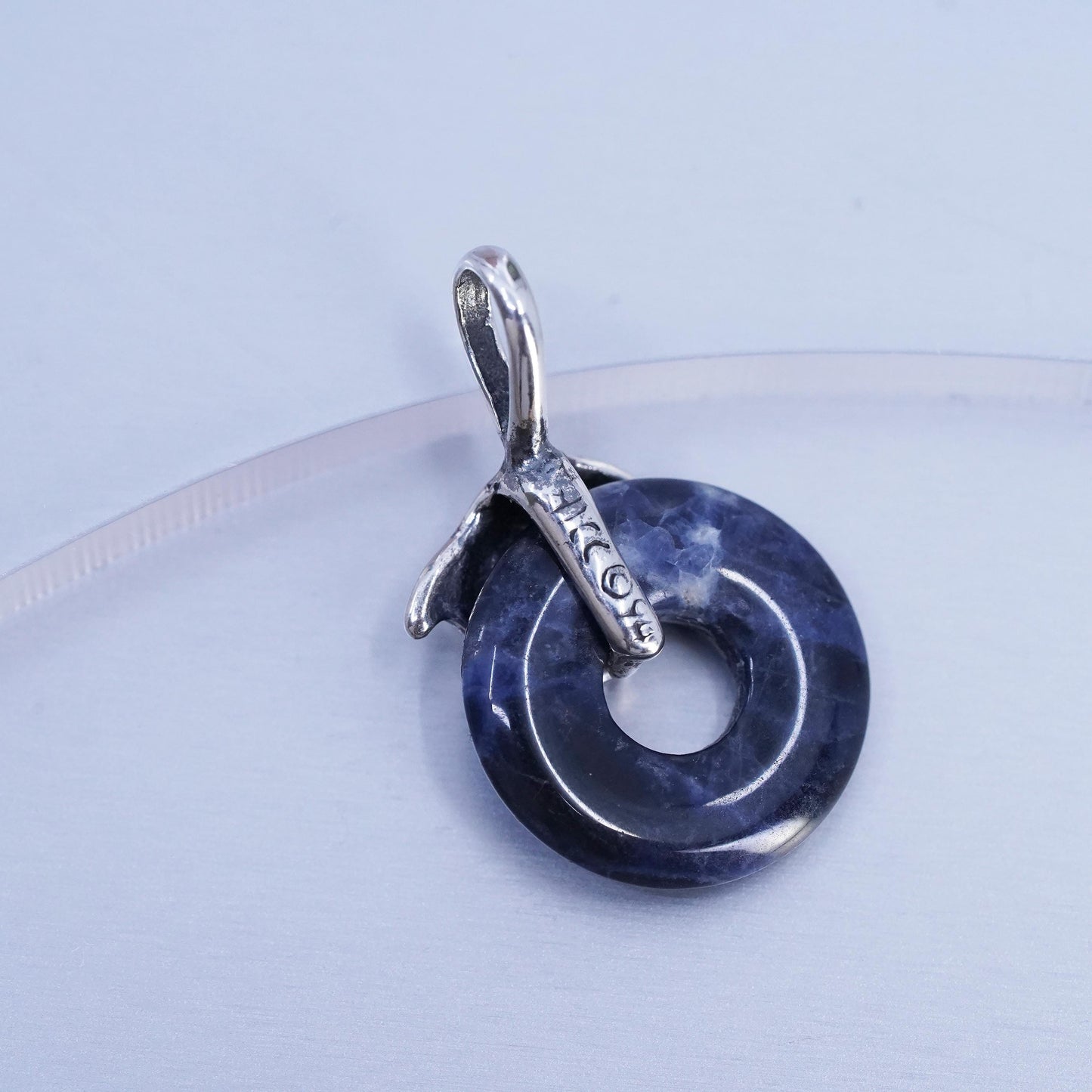 Vintage sterling 925 silver healing crystal dolphins pendant w/ sodalite circle