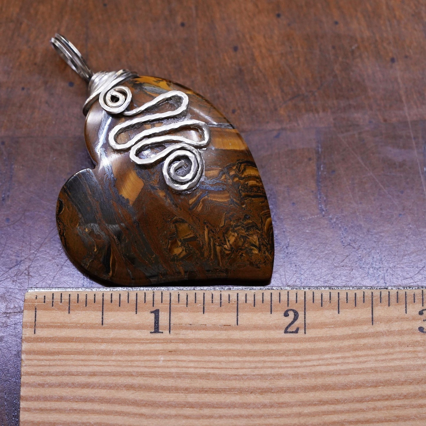 Vintage Sterling 925 silver handmade wired heart pendant with golden tiger eye