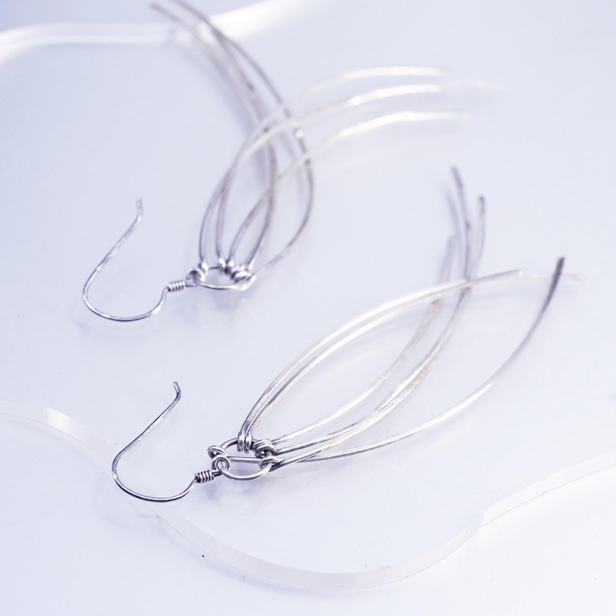 Vintage Sterling Silver 925 Long Dangle Earrings Multi Strand Curved Wire Drops