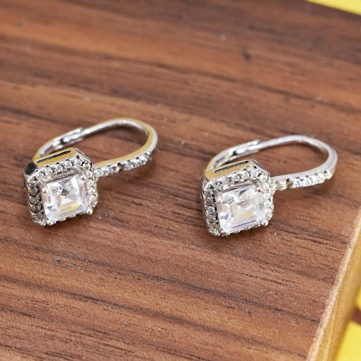 Vintage Sterling silver 925 handmade earrings with square cut CZ