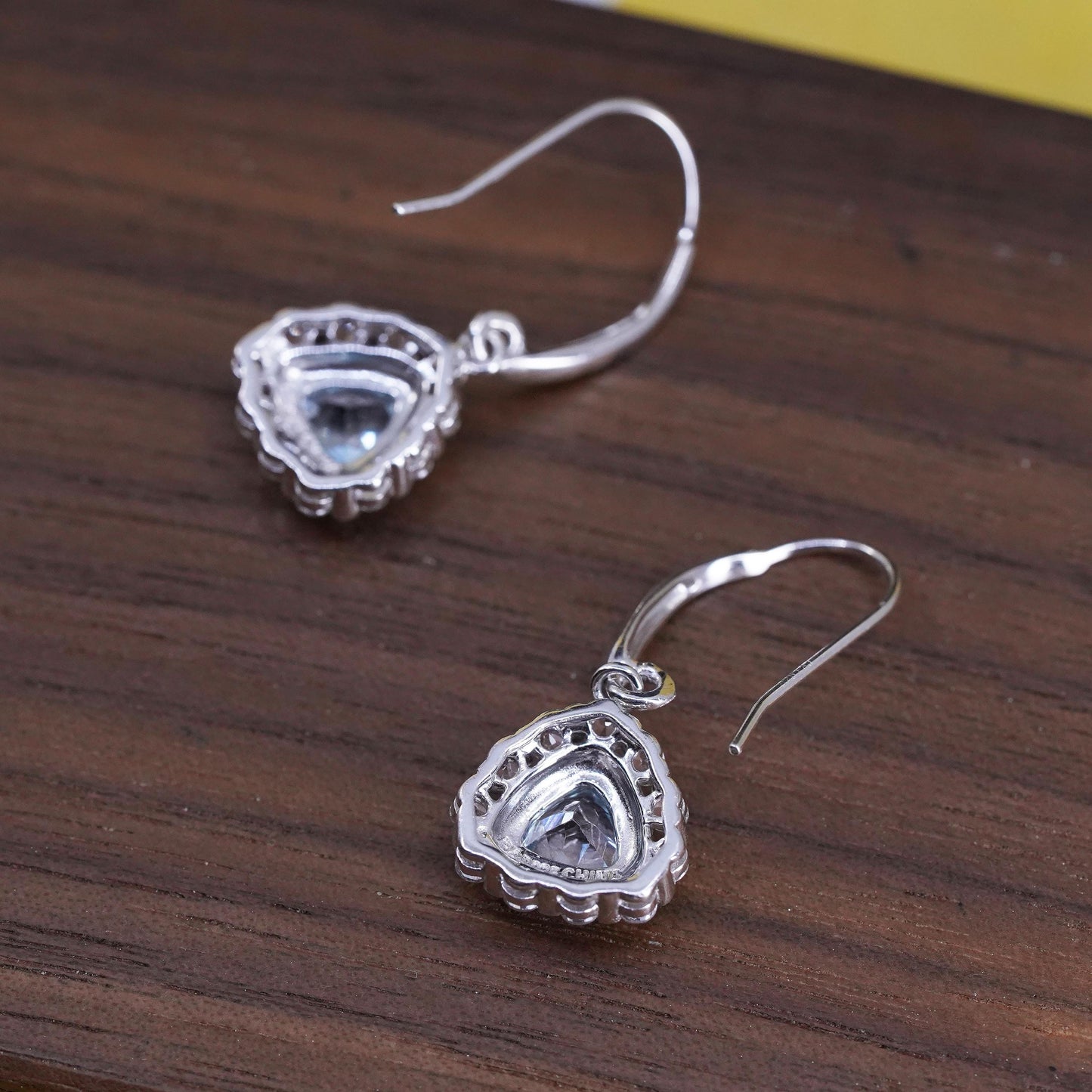 Vintage sterling 925 silver handmade earrings with blue topaz and cz around