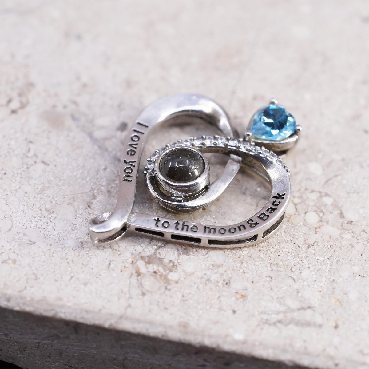Vintage Sterling silver handmade pendant, 925 heart with blue cz I love you
