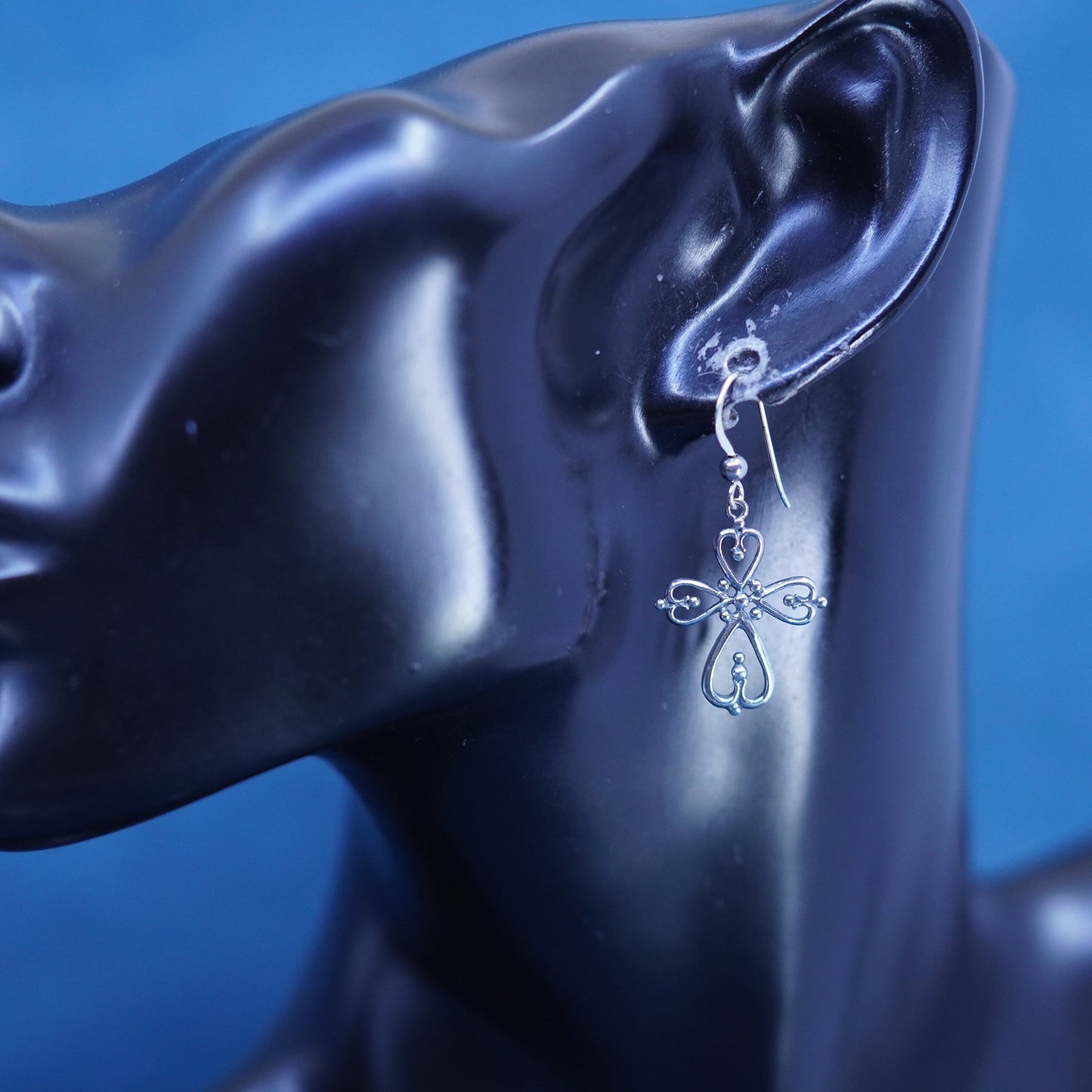 Vintage Sterling silver handmade earrings, 925 Bali filigree cross drops