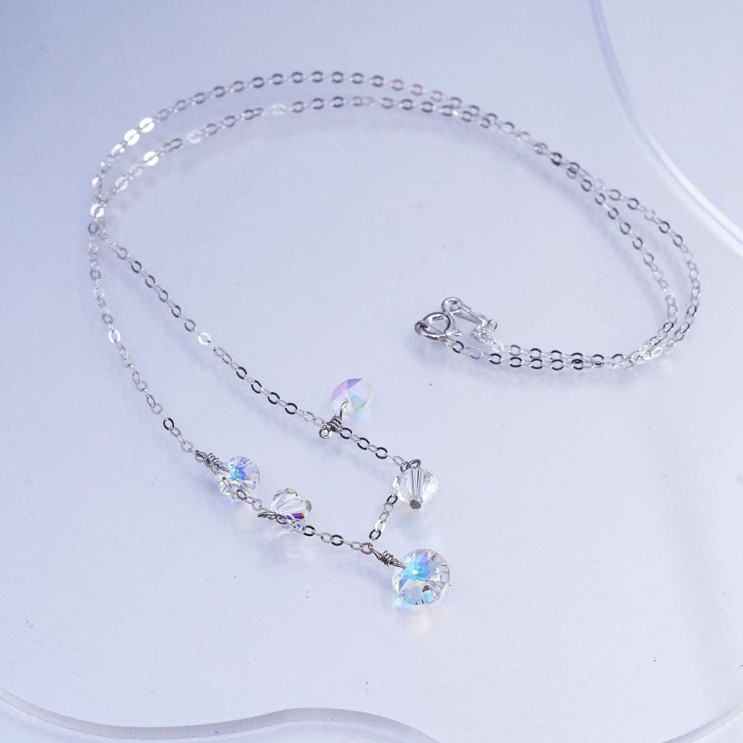18", Vintage Sterling necklace, 925 Silver circle chain AB Crystal charms