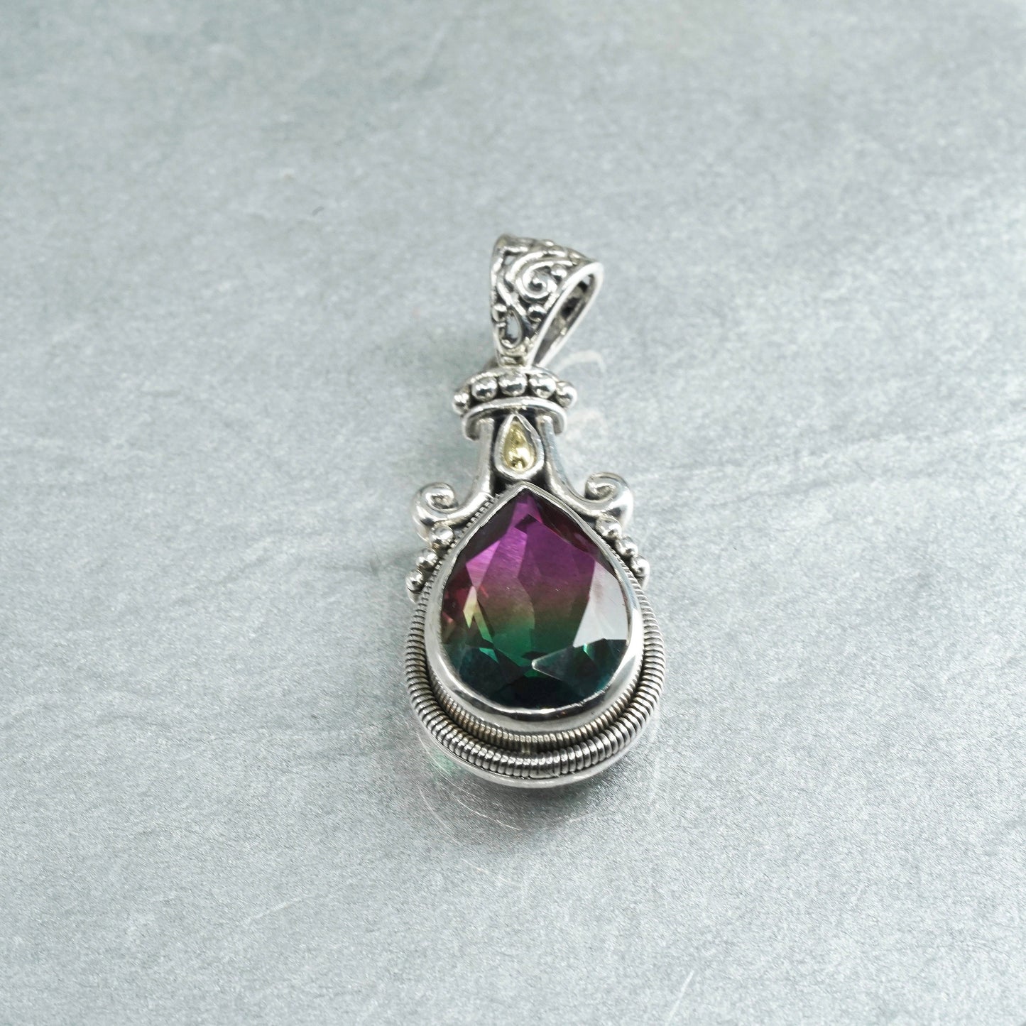 Vintage 18K sterling silver 925 teardrop pendant with rainbow topaz, stamped 925 18K