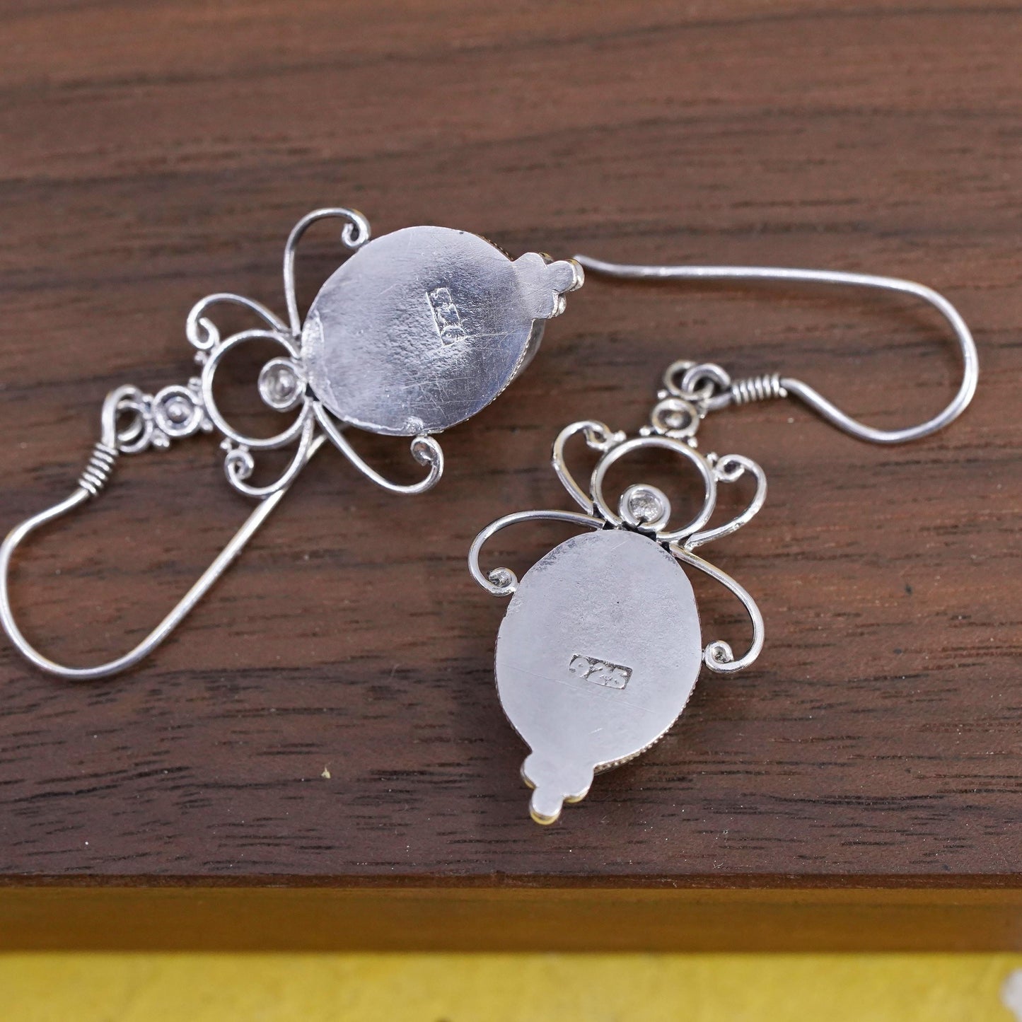 Vintage Sterling 925 silver handmade earrings with oval Amber