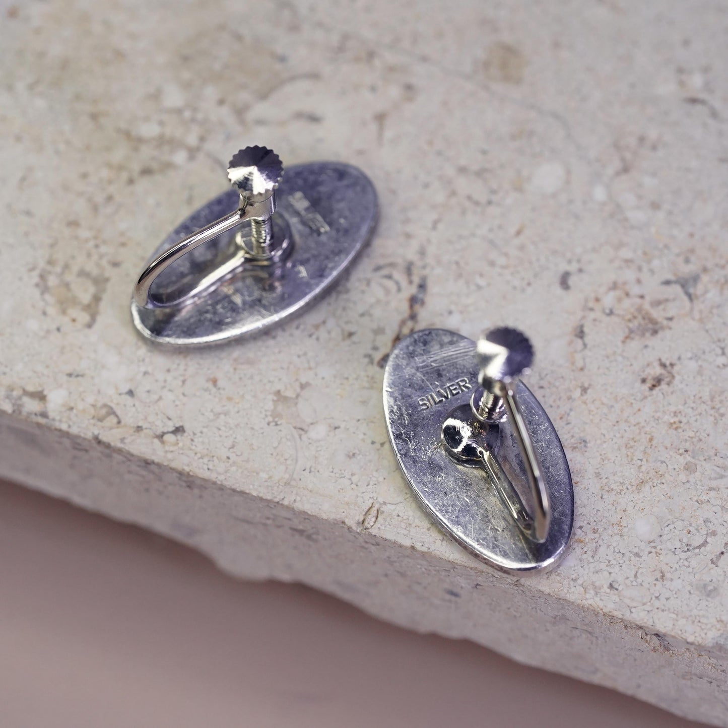 Vintage Sterling 925 silver screw back oval earrings with red enamel flower
