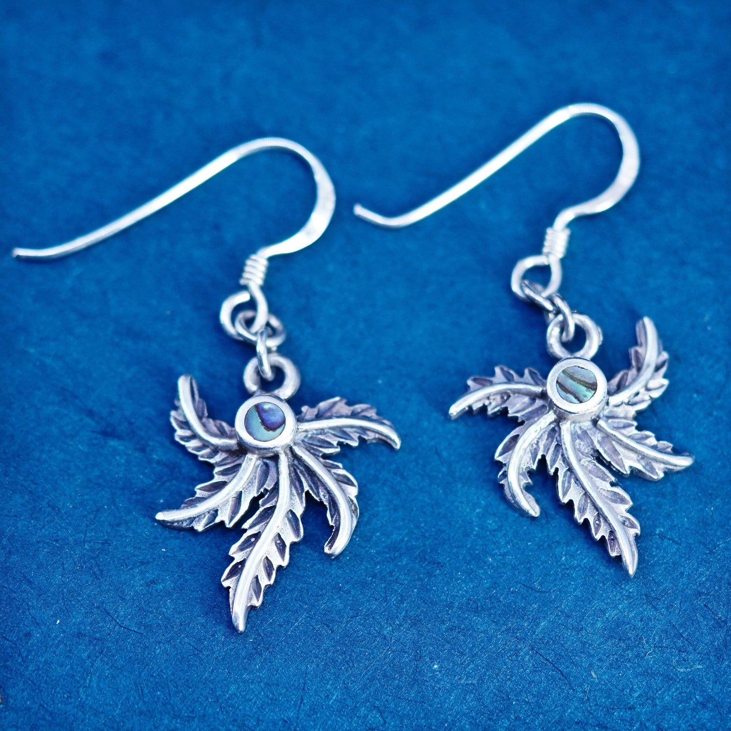 Vintage sterling silver handmade earrings, 925 leaf drop and abalone inlay