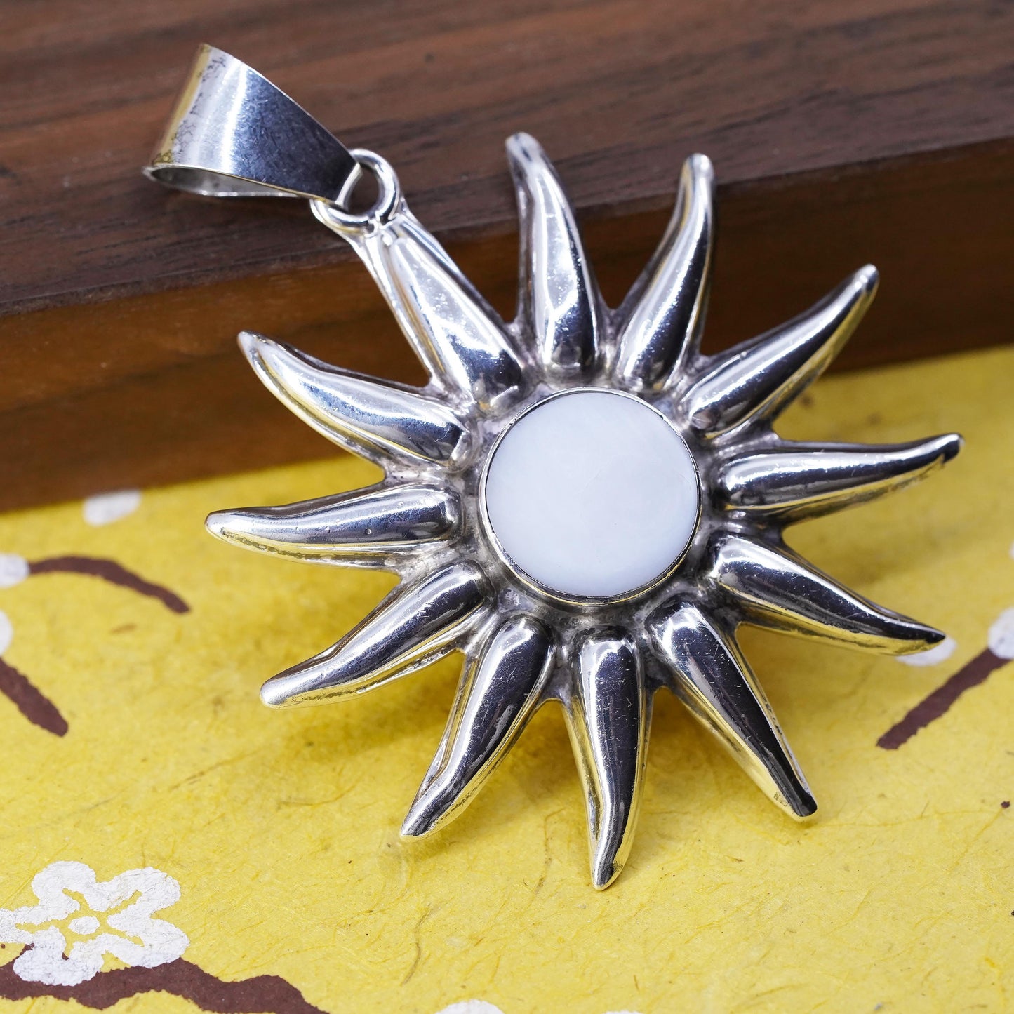 Vintage Mexican Sterling 925 silver handmade sun pendant with mother of pearl