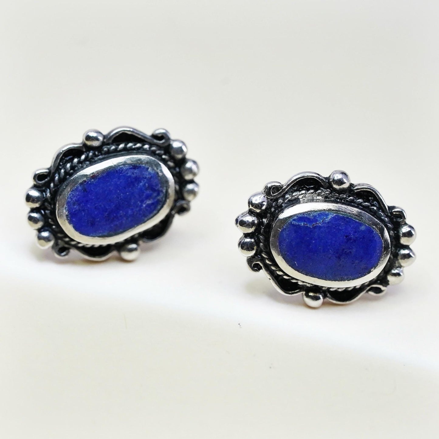 Vintage Sterling silver handmade earrings, 925 studs lapis lazuli and beads