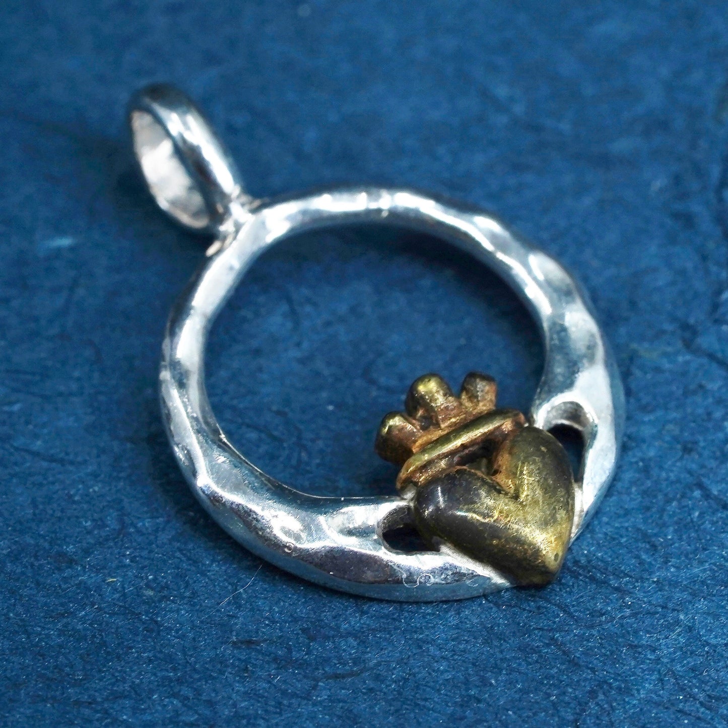 two tone Sterling silver pendant brass, 925 Irish claddagh holding heart charm