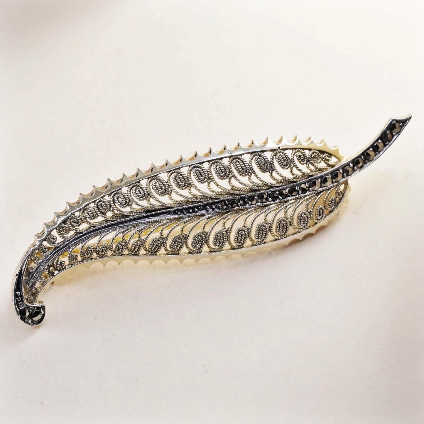 Germany vermeil gold Sterling silver brooch, 925 filigree leaf pin marcasite