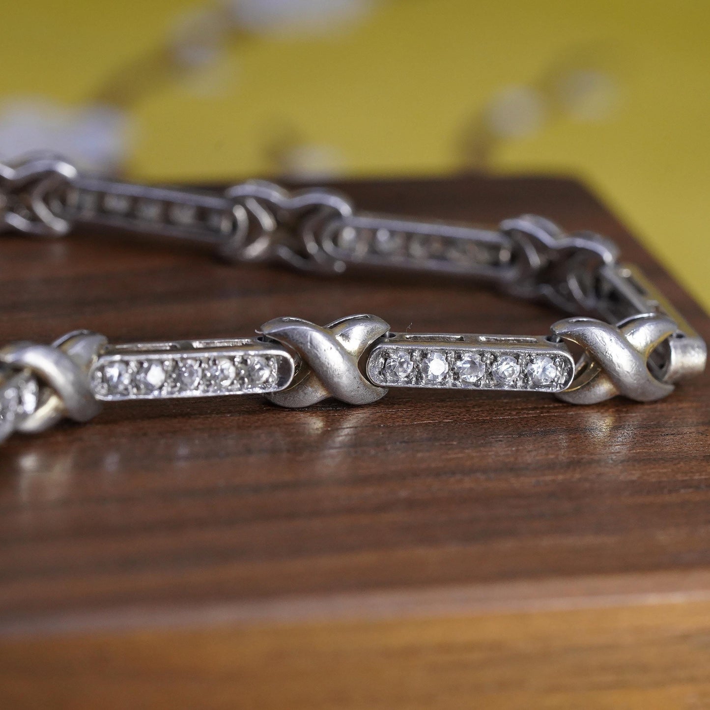 7.5”, vintage Sterling silver tennis bracelet, 925 bar link chain with cz