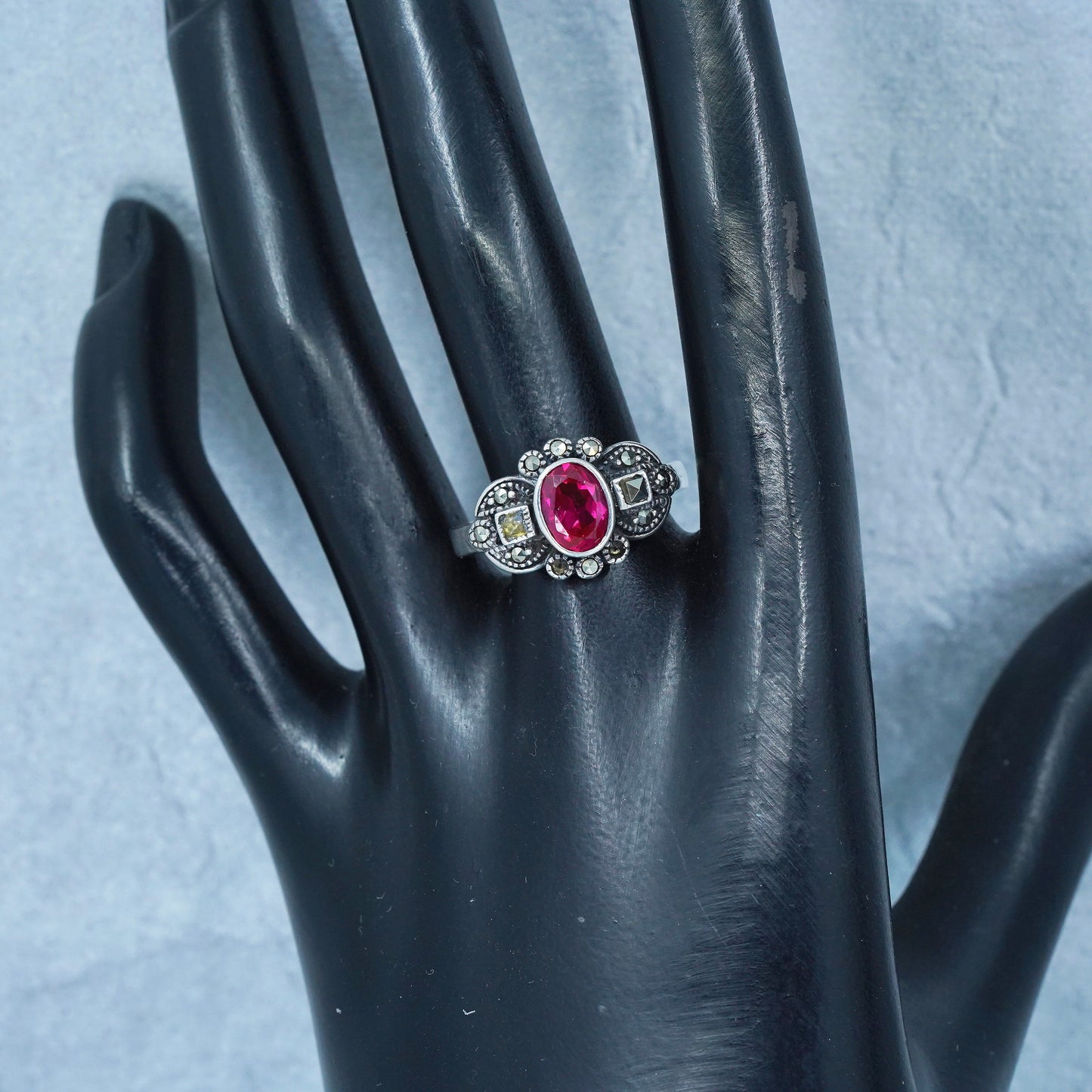 Size 9.5, Sterling 925 silver handmade statement ring with ruby and marcasite