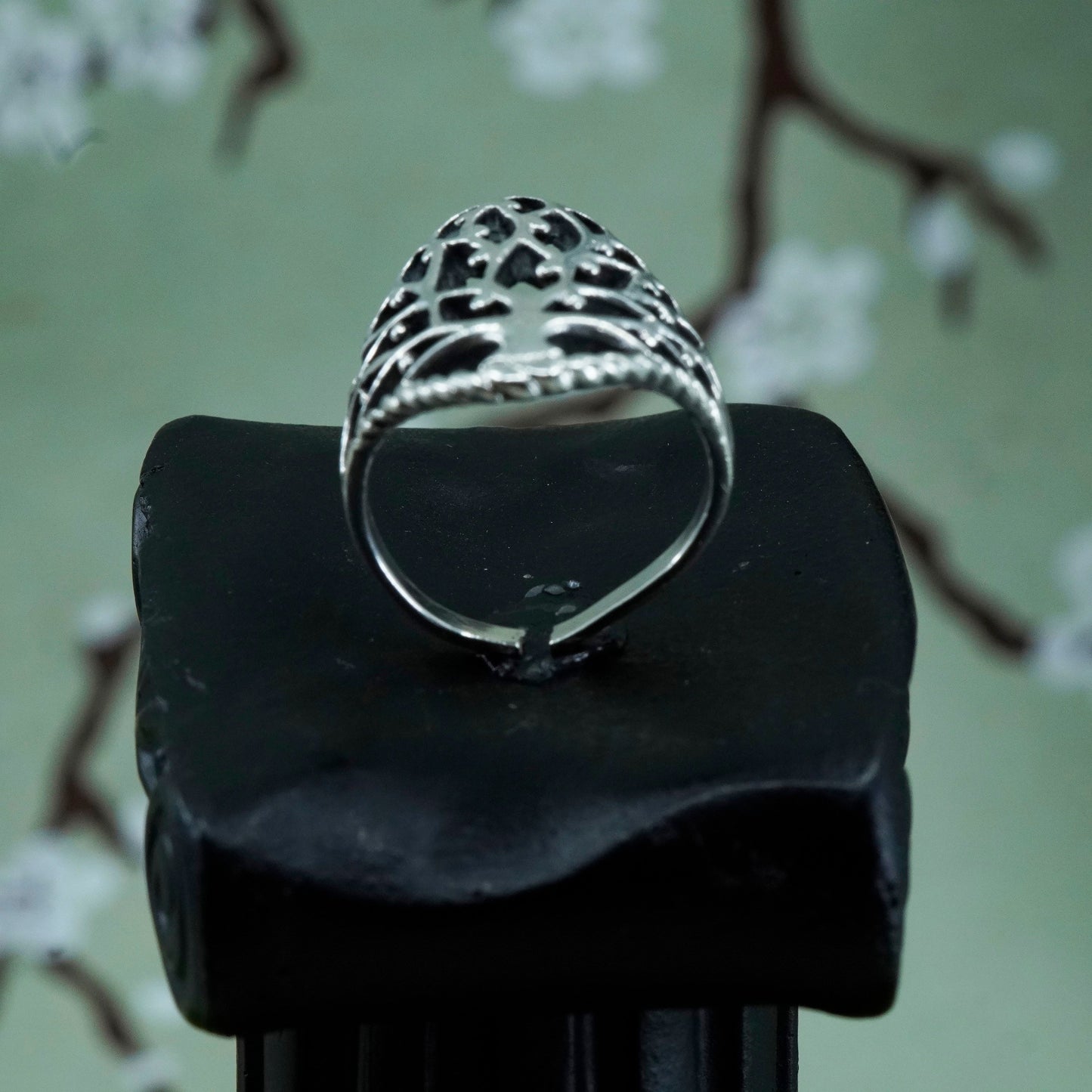 Size 7.75, vintage sterling silver handmade ring, 925 filigree tree band