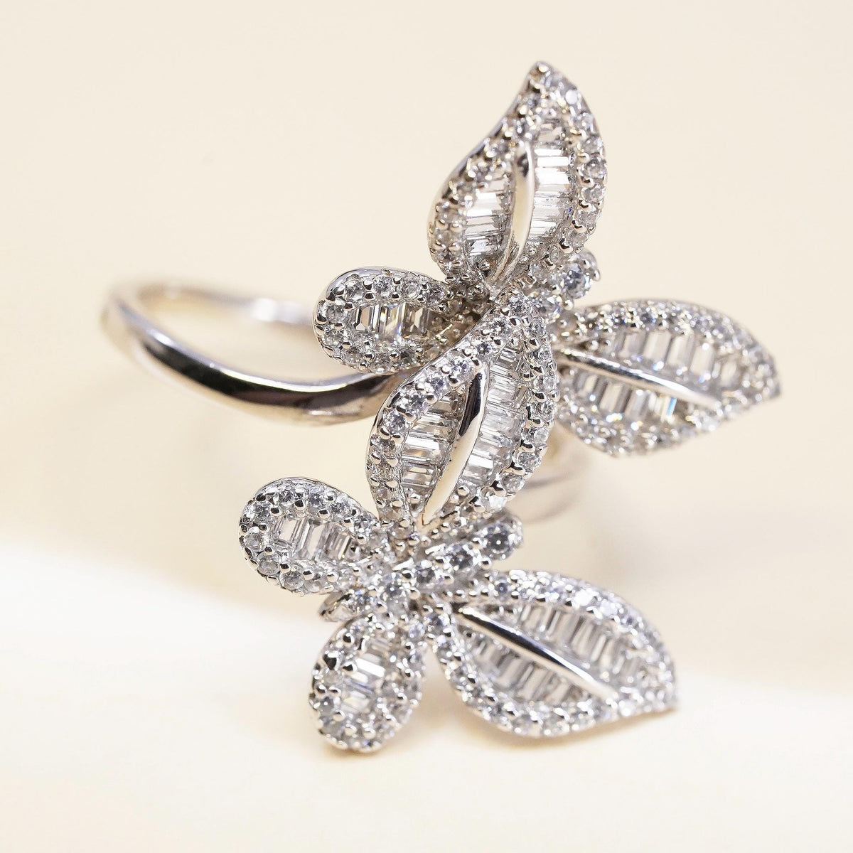 SZ 8.25 Sterling Silver 925 CZ Butterfly Ring, Sparkling Cluster Cubic Zirconia