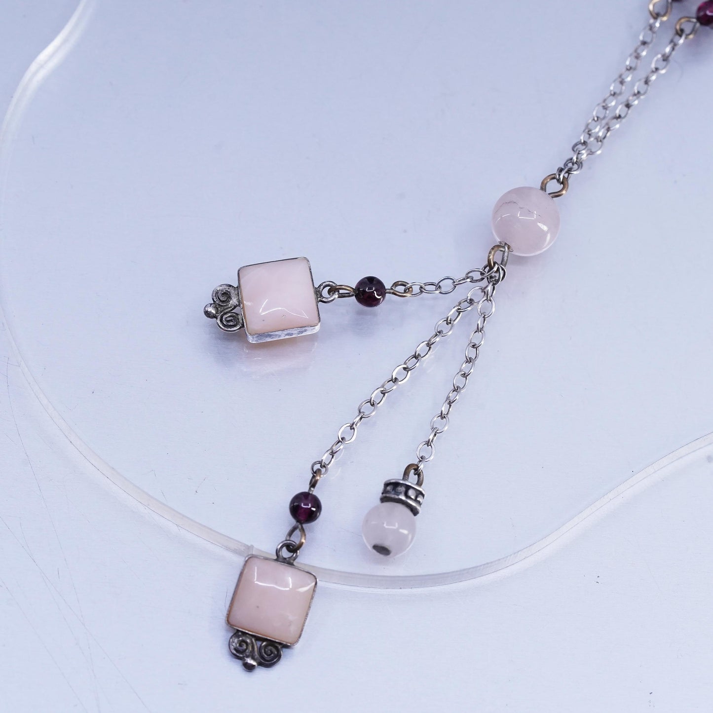 16+2", vintage Sterling 925 silver circle necklace pink quartz beads pendant