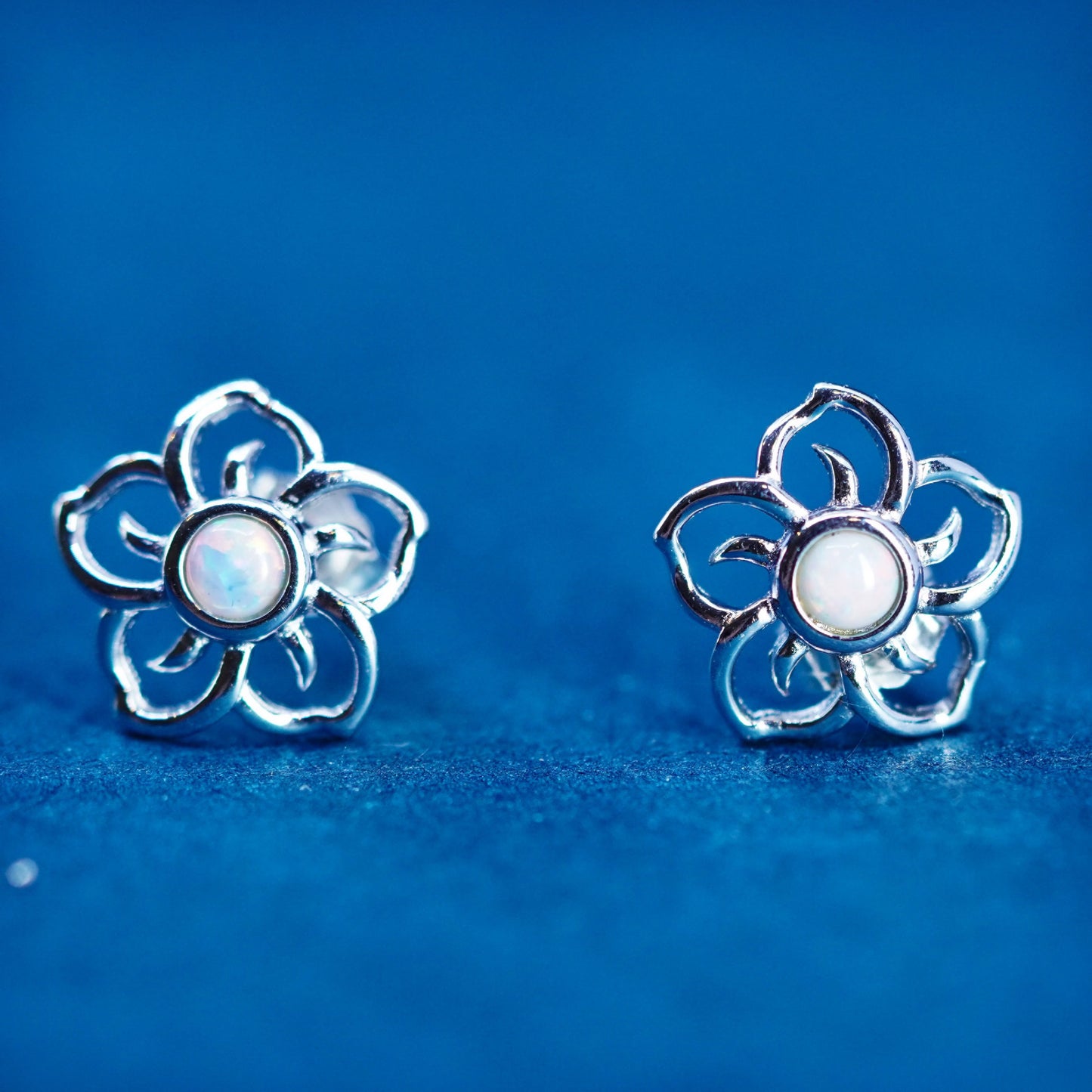 Vintage sterling silver handmade earrings, 925 flower studs with opal