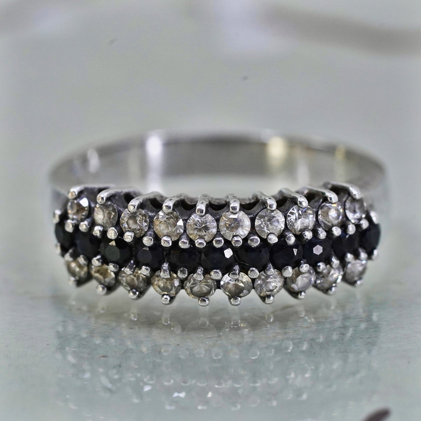 Size 8, Sterling 925 silver ring with cluster sapphire and cz, statement band