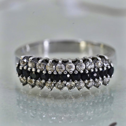 Size 8, Sterling 925 silver ring with cluster sapphire and cz, statement band