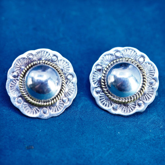 two tone Sterling silver earrings, 925 flower clip on with brass cable around
