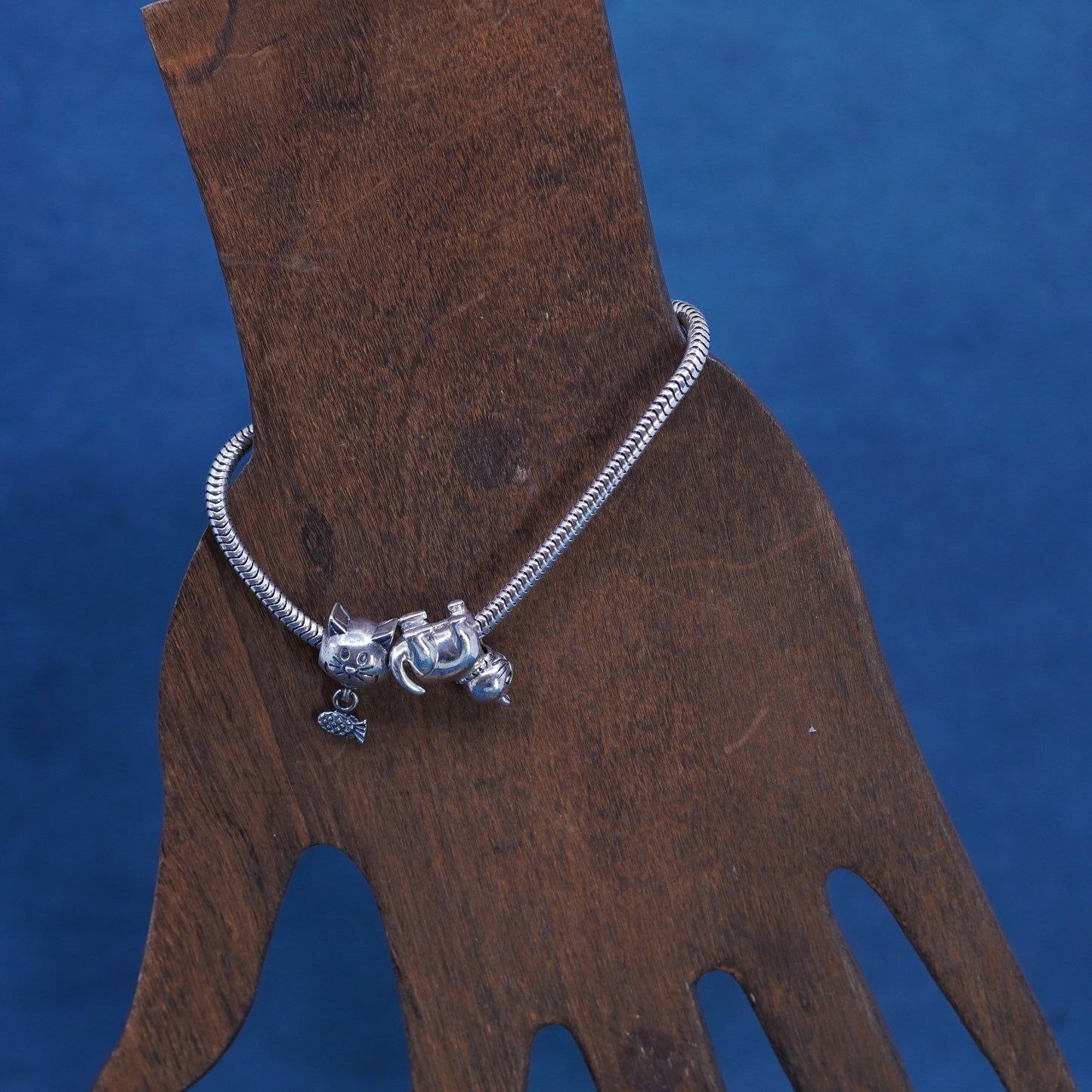 7”, Italy Michael Anthony Sterling silver bracelet, 925 snake chain cat charms