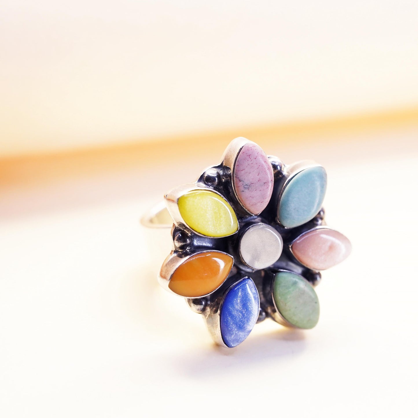 Size adjustable, Sterling 925 Silver Multi Gemstone Flower Ring, Jade Agate
