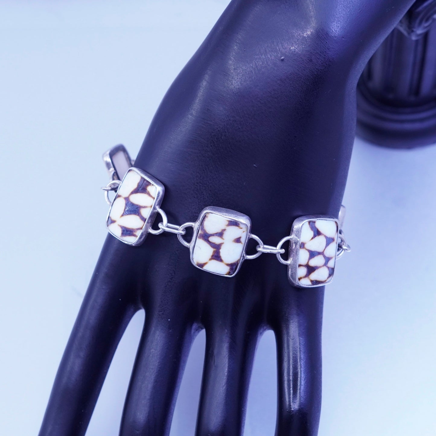 7+1.5”, Vintage sterling 925 silver handmade Dalmatian Jasper bracelet