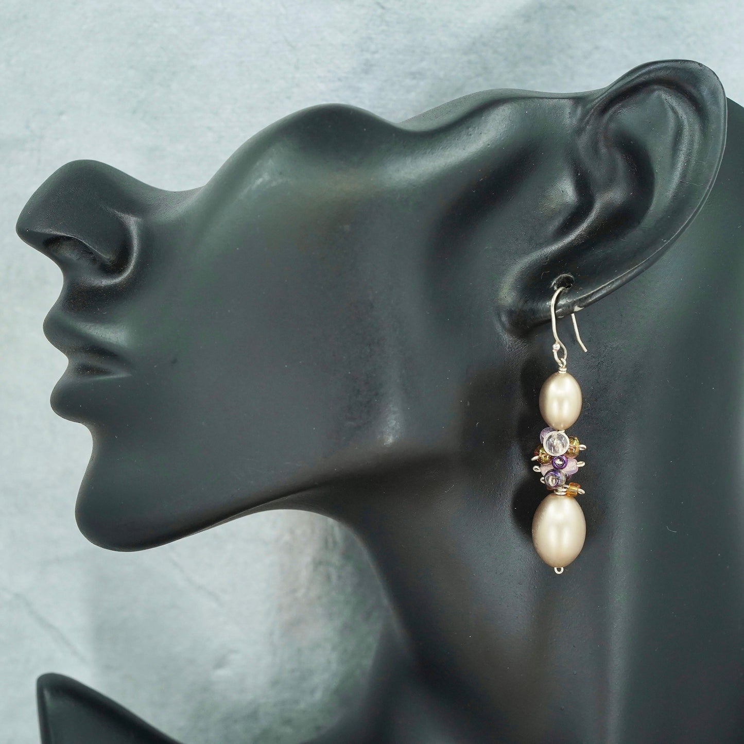 Vintage Sterling 925 silver handmade earrings with faux cluster golden pearl
