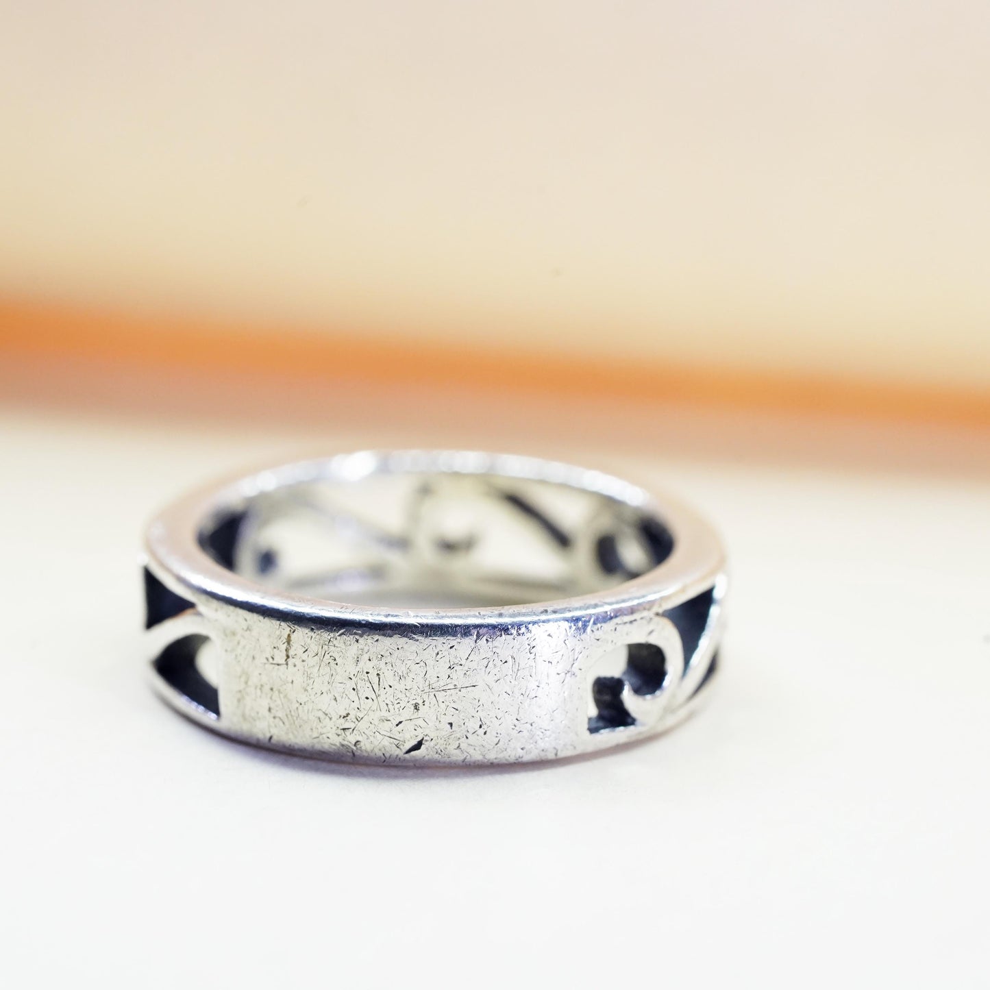 Size 7.5, VTG Sterling silver handmade ring, 925 open band swirl wave cutout