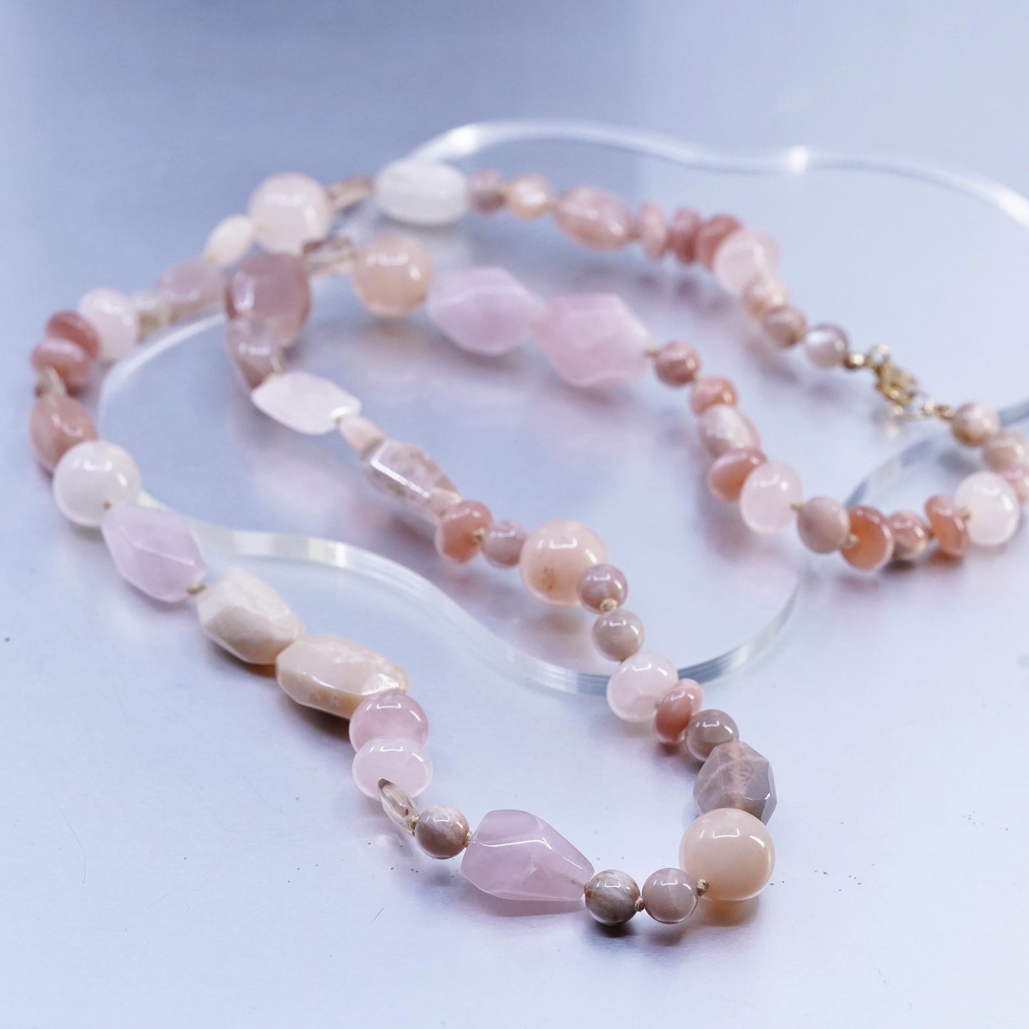 30", Pink Rose Quartz agate Beads necklace gold plated sterling 925 silver