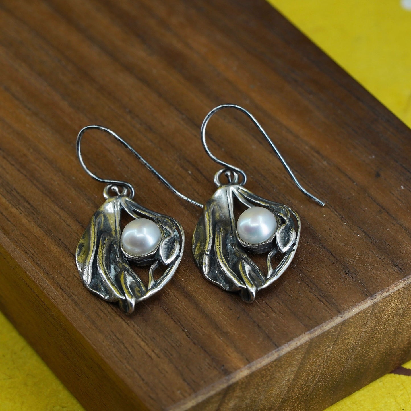 vintage Israel PZ Sterling silver 925 handmade leaf earrings with pearl