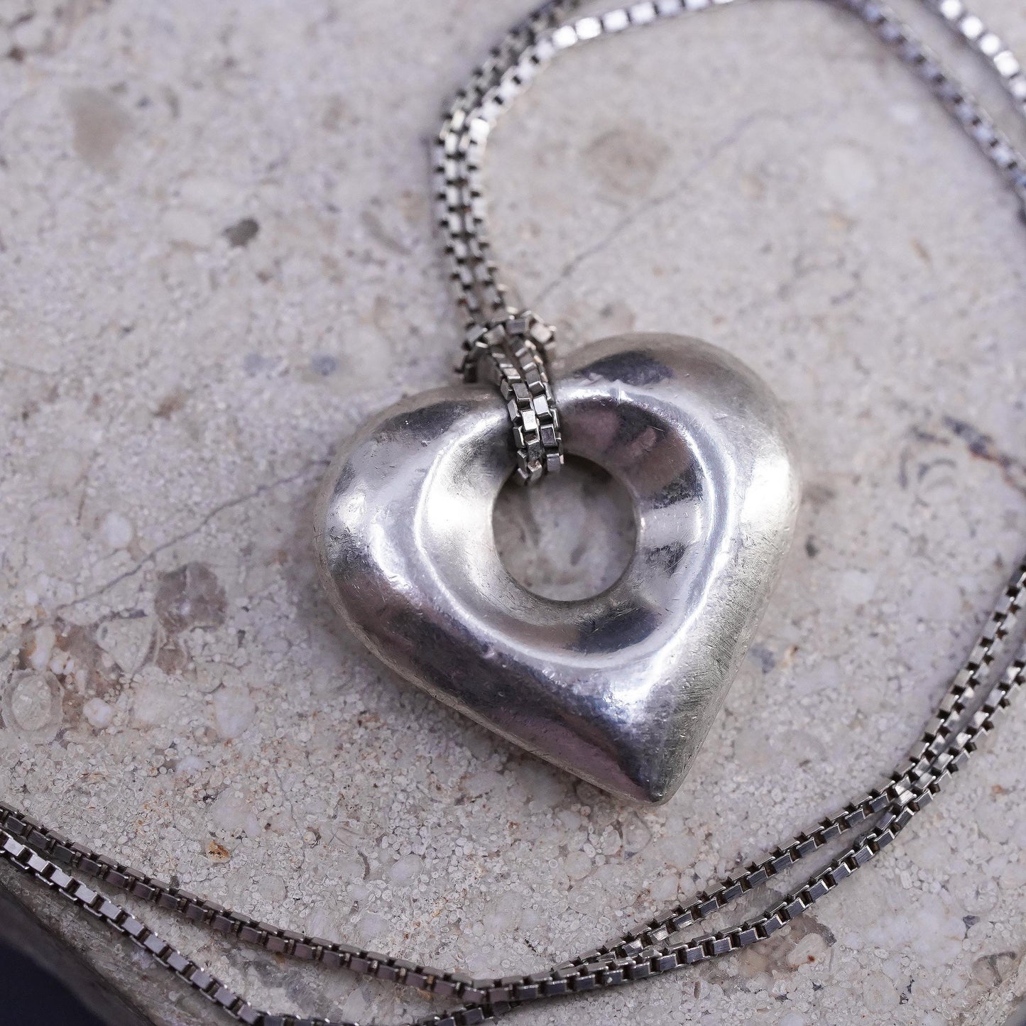 22", vintage Sterling silver necklace, 925 box chain with puffy heart pendant