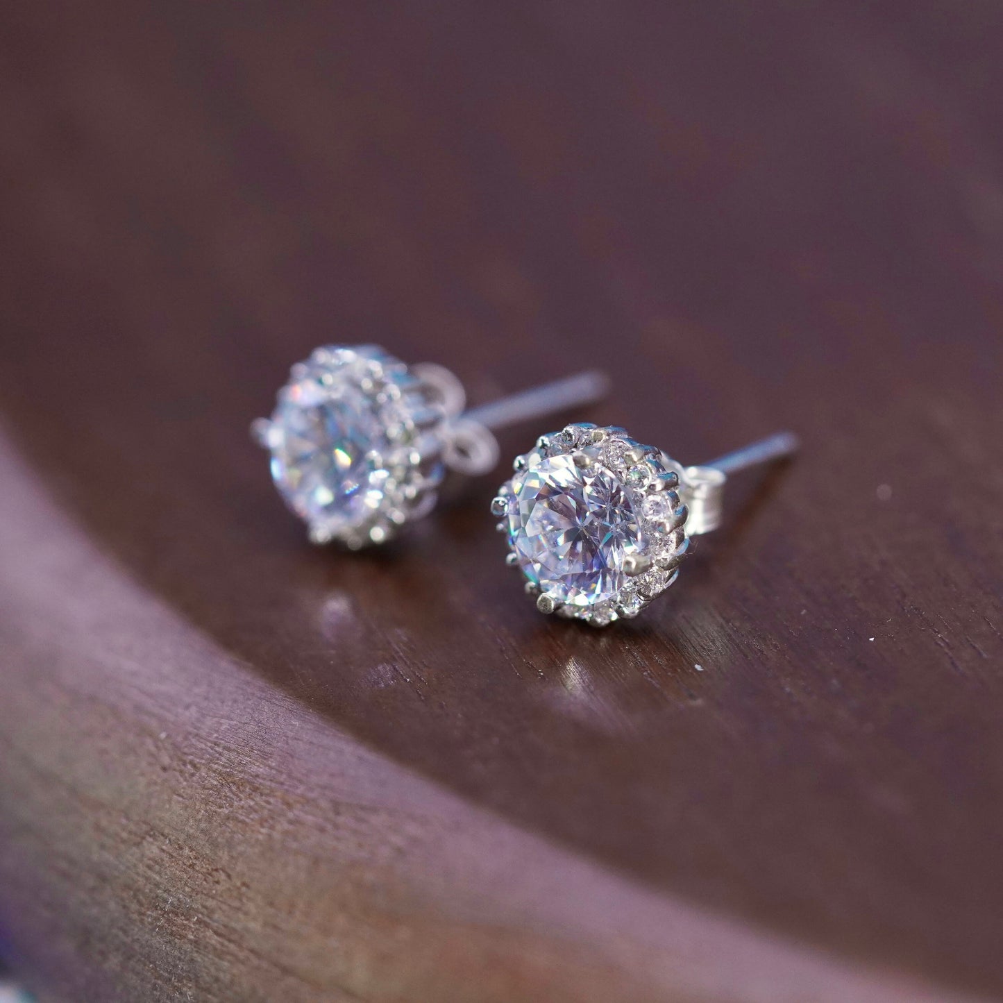 Vintage sterling silver handmade earrings, 925 studs with CZ inlay