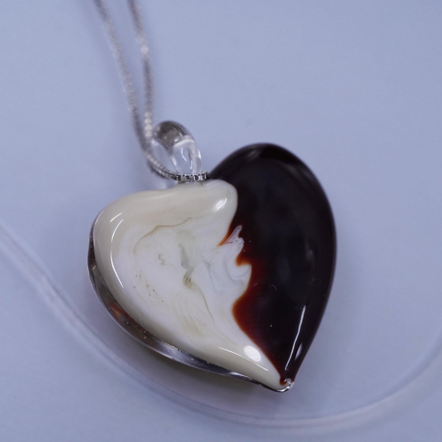 16”, vintage Sterling 925 silver box chain necklace foiled glass heart pendant