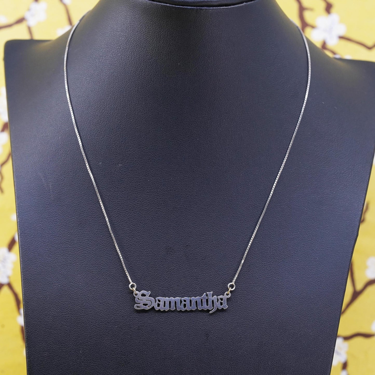 16+1" 1mm, vintage Sterling silver necklace, 925 box chain with name “Samantha”