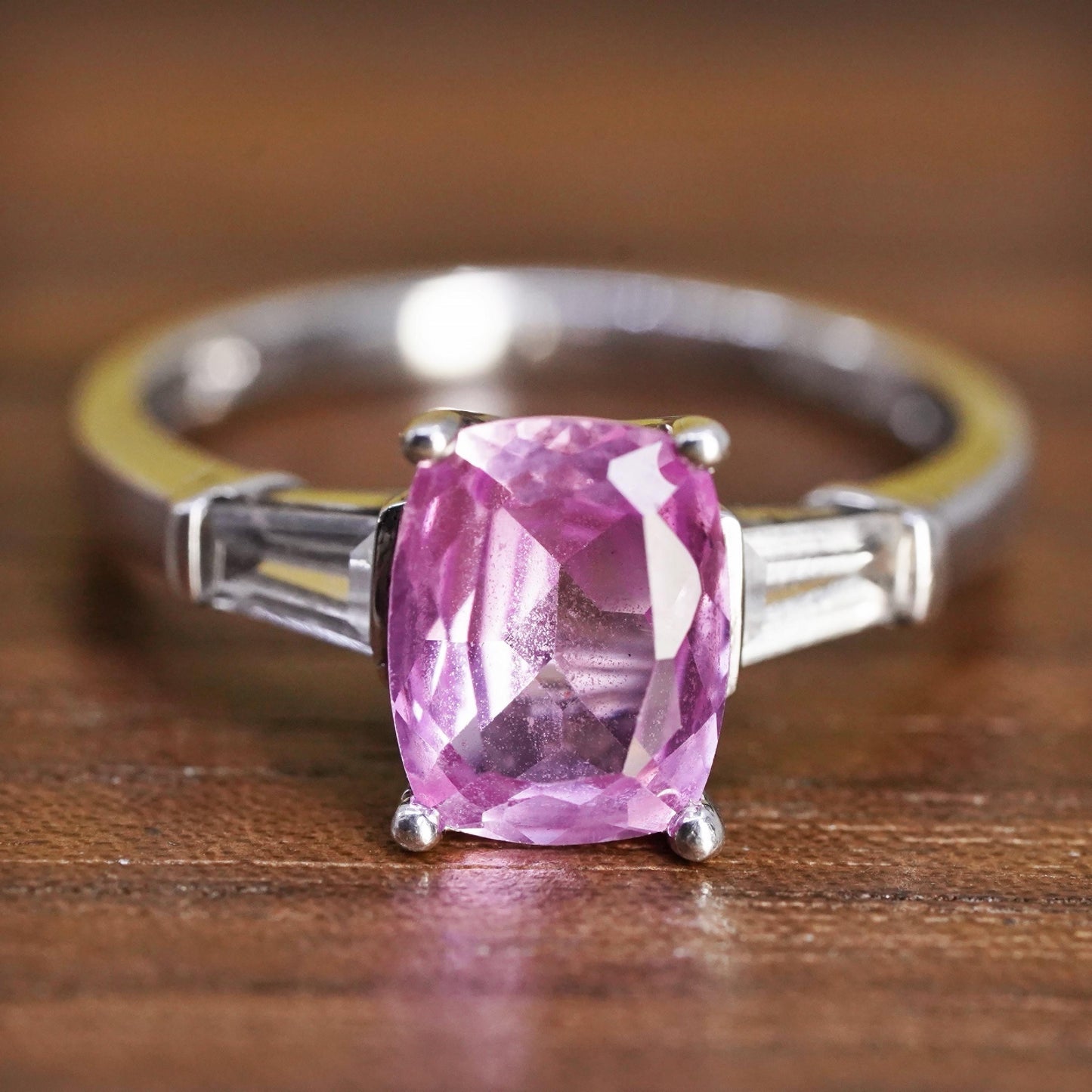 Size 7.25, vintage Sterling silver handmade ring, 925 band pink white sapphire