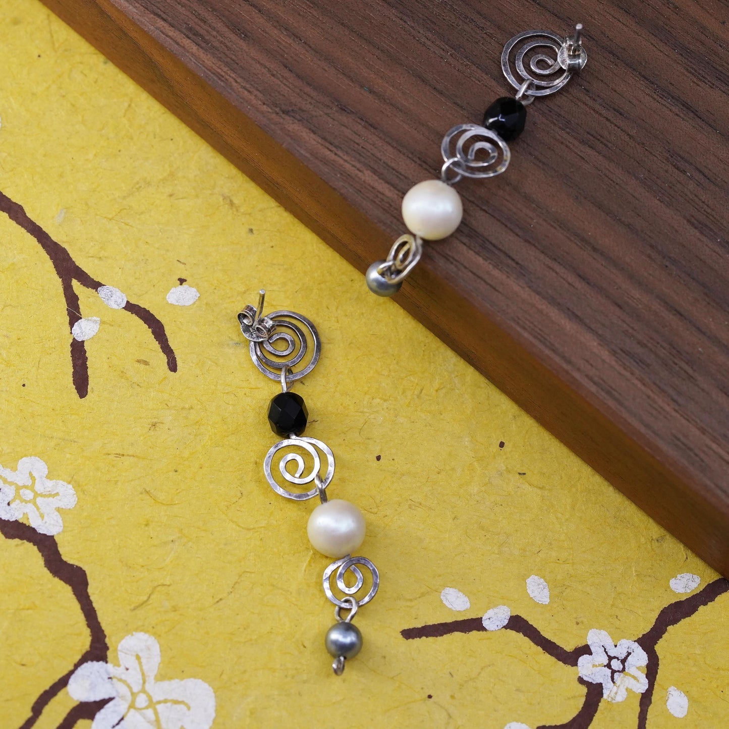 Vintage Sterling silver handmade earrings, 925 studs with pearl drops