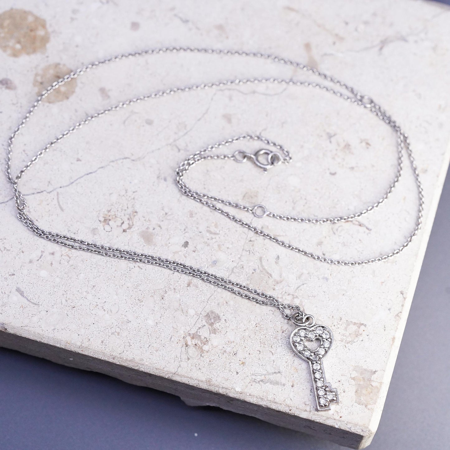 18+4", vintage Sterling silver circle chain necklace, 925 key charm cluster cz