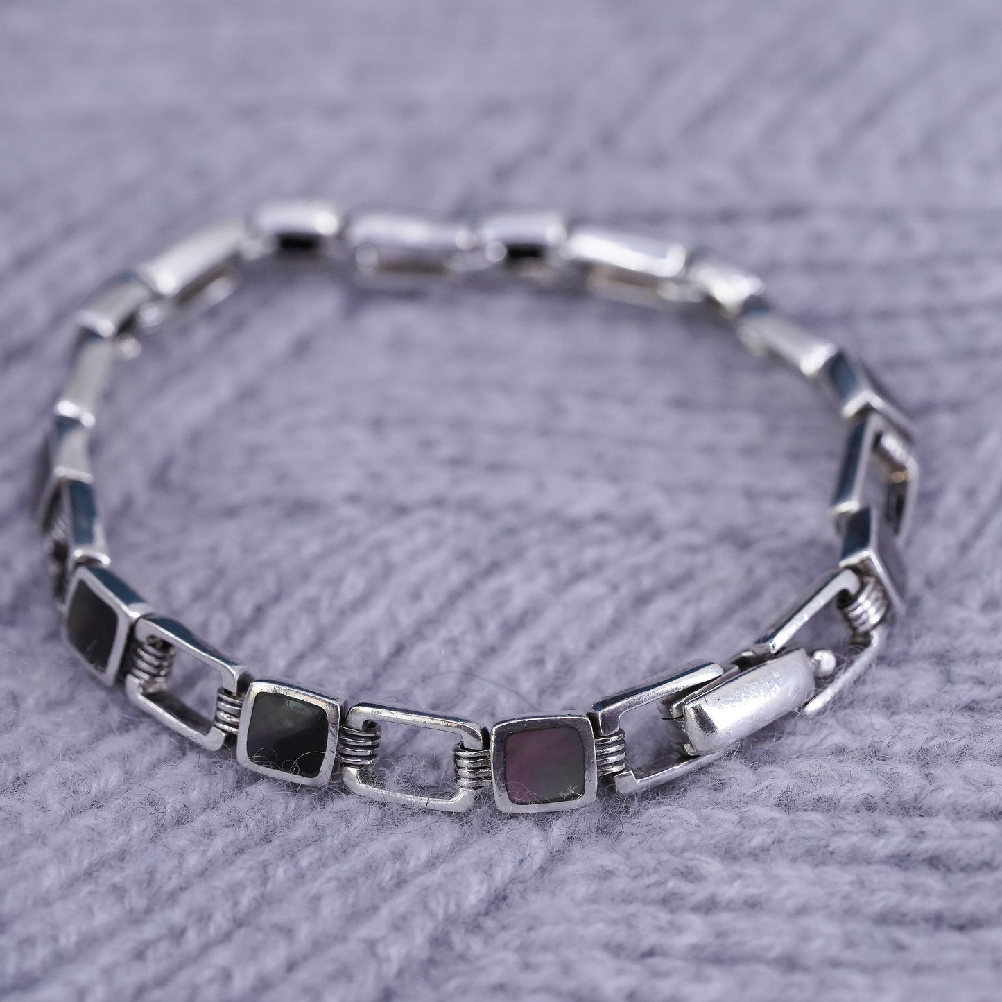 7.25", vintage Sterling 925 silver handmade tennis bracelet with abalone inlay