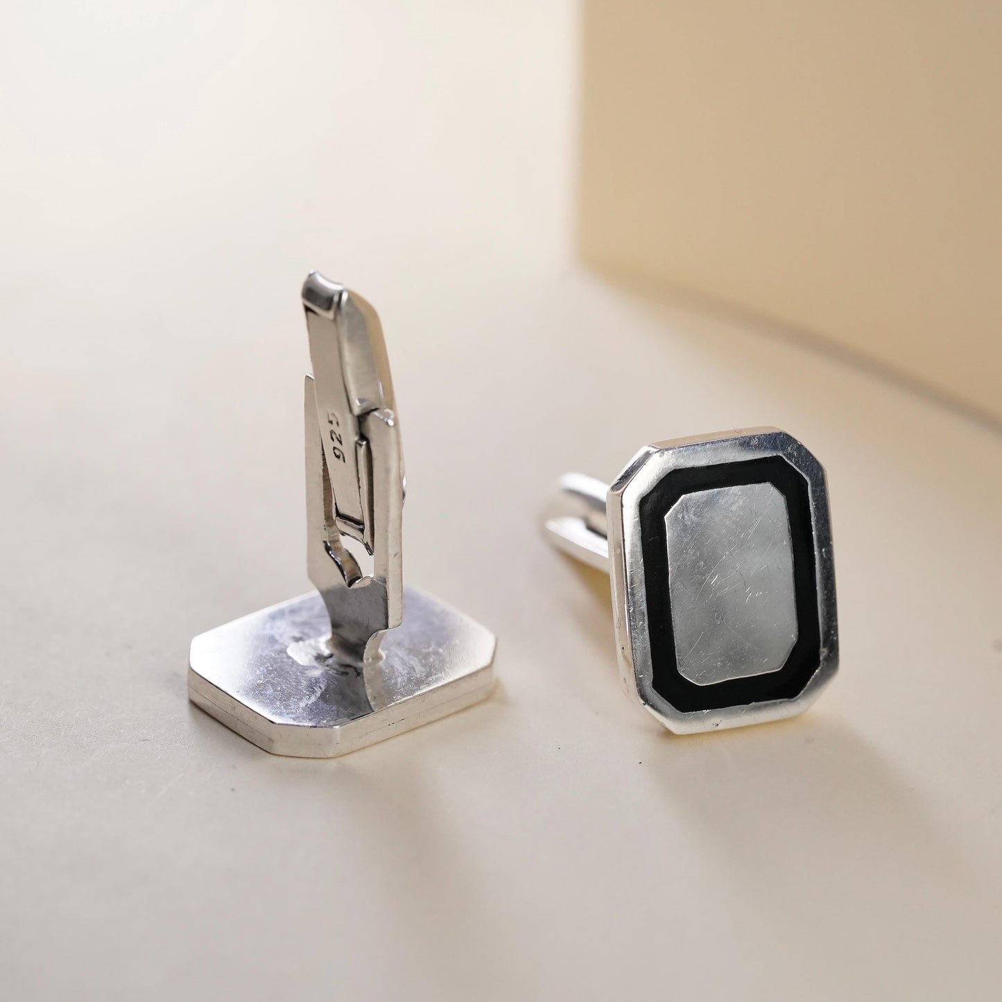 southwestern sterling silver rugtangular cuff links, onyx inlay 925 cufflinks