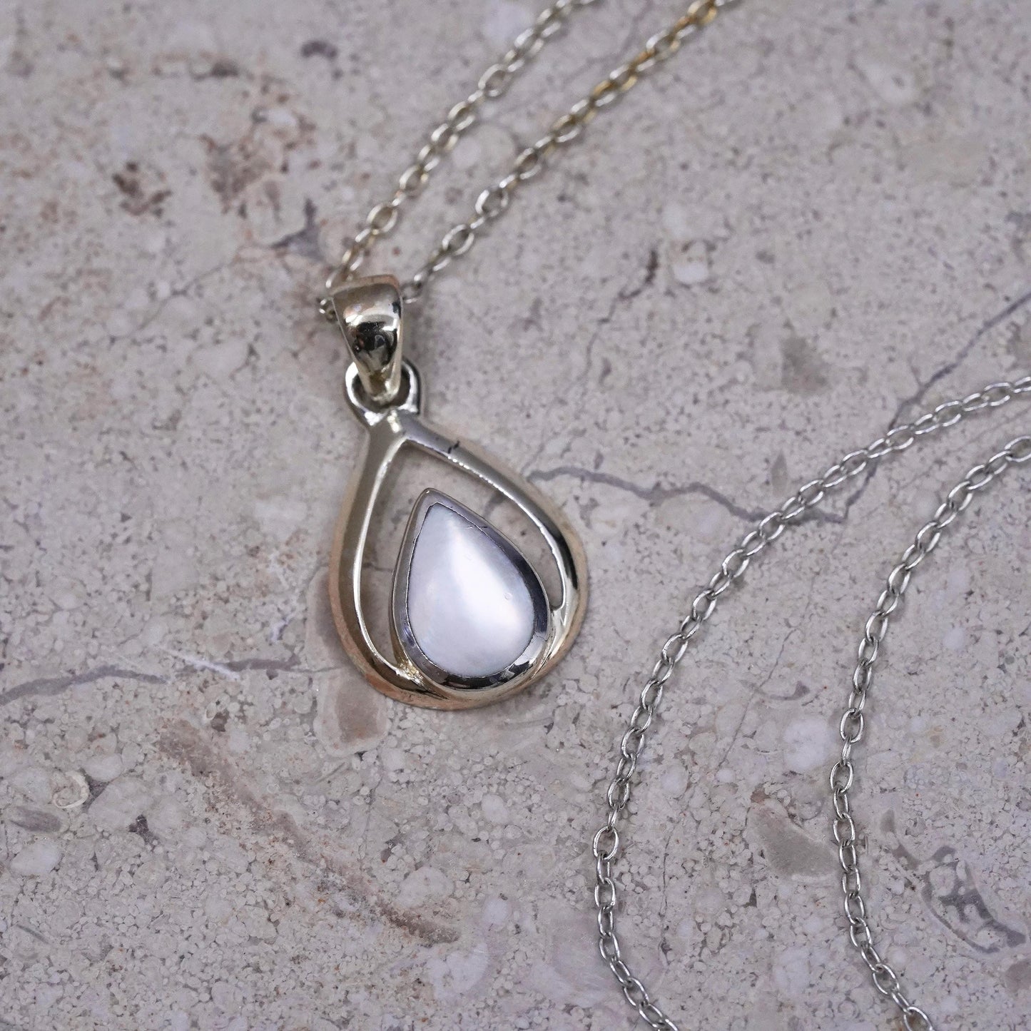 16”, sterling 925 silver Handmade necklace with white mother of pearl pendant